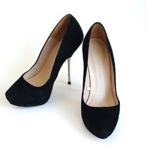 Vintage Zara Woman Elegant Black Leather Suede Steel Chrome Stiletto Heels 38